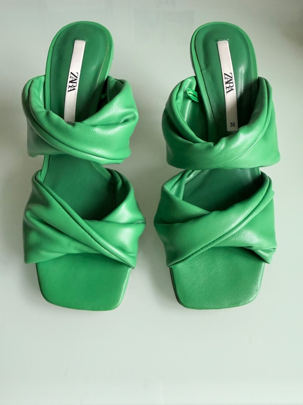 Zara Green Ruched Heeled Sandals Size 36 Double Strap Open Toe - Picture 3 of 11